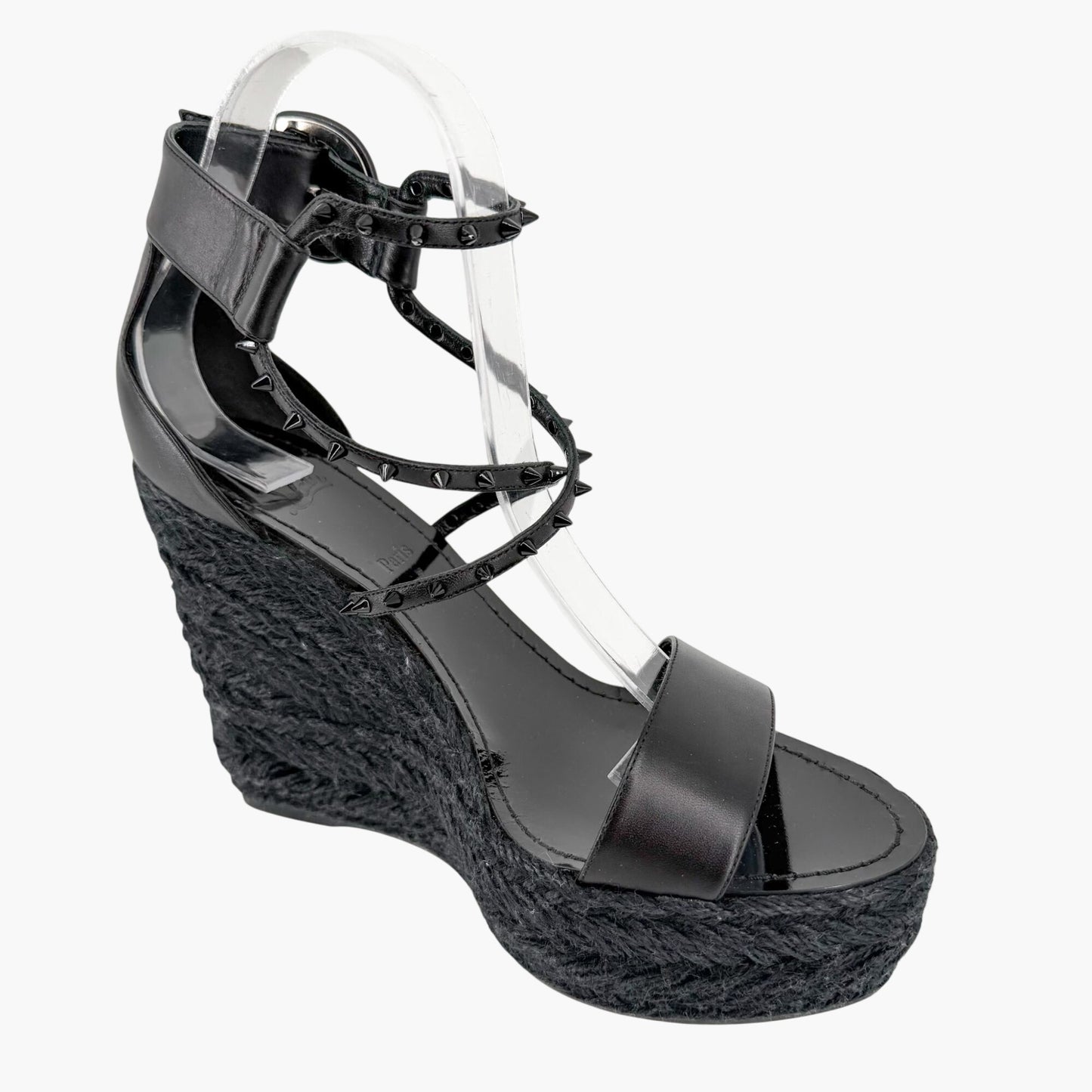 Christian Louboutin Chocazeppa Spike Espadrille Wedge Sandals in Black Leather Size 39