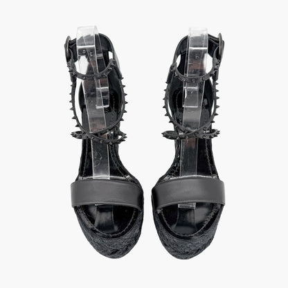 Christian Louboutin Chocazeppa Spike Espadrille Wedge Sandals in Black Leather Size 39