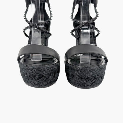 Christian Louboutin Chocazeppa Spike Espadrille Wedge Sandals in Black Leather Size 39