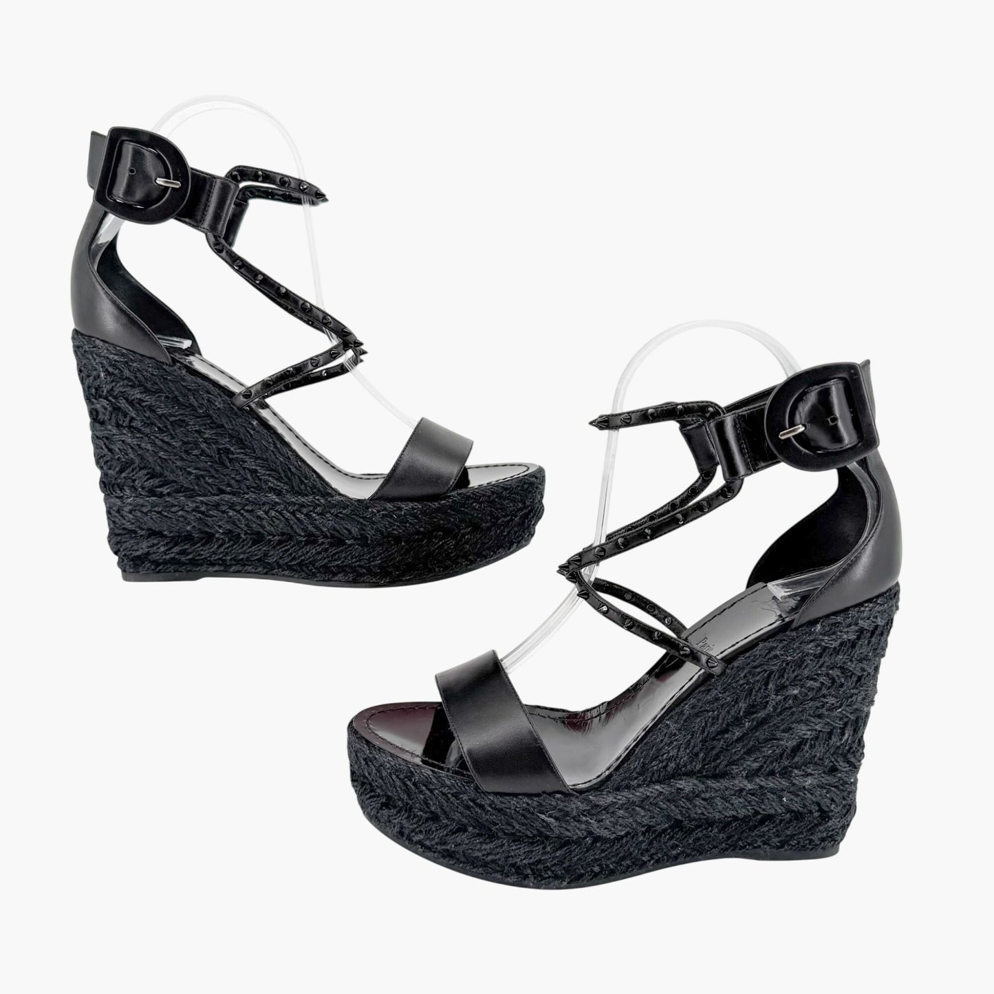 Christian Louboutin Chocazeppa Spike Espadrille Wedge Sandals in Black Leather Size 39