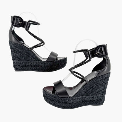 Christian Louboutin Chocazeppa Spike Espadrille Wedge Sandals in Black Leather Size 39