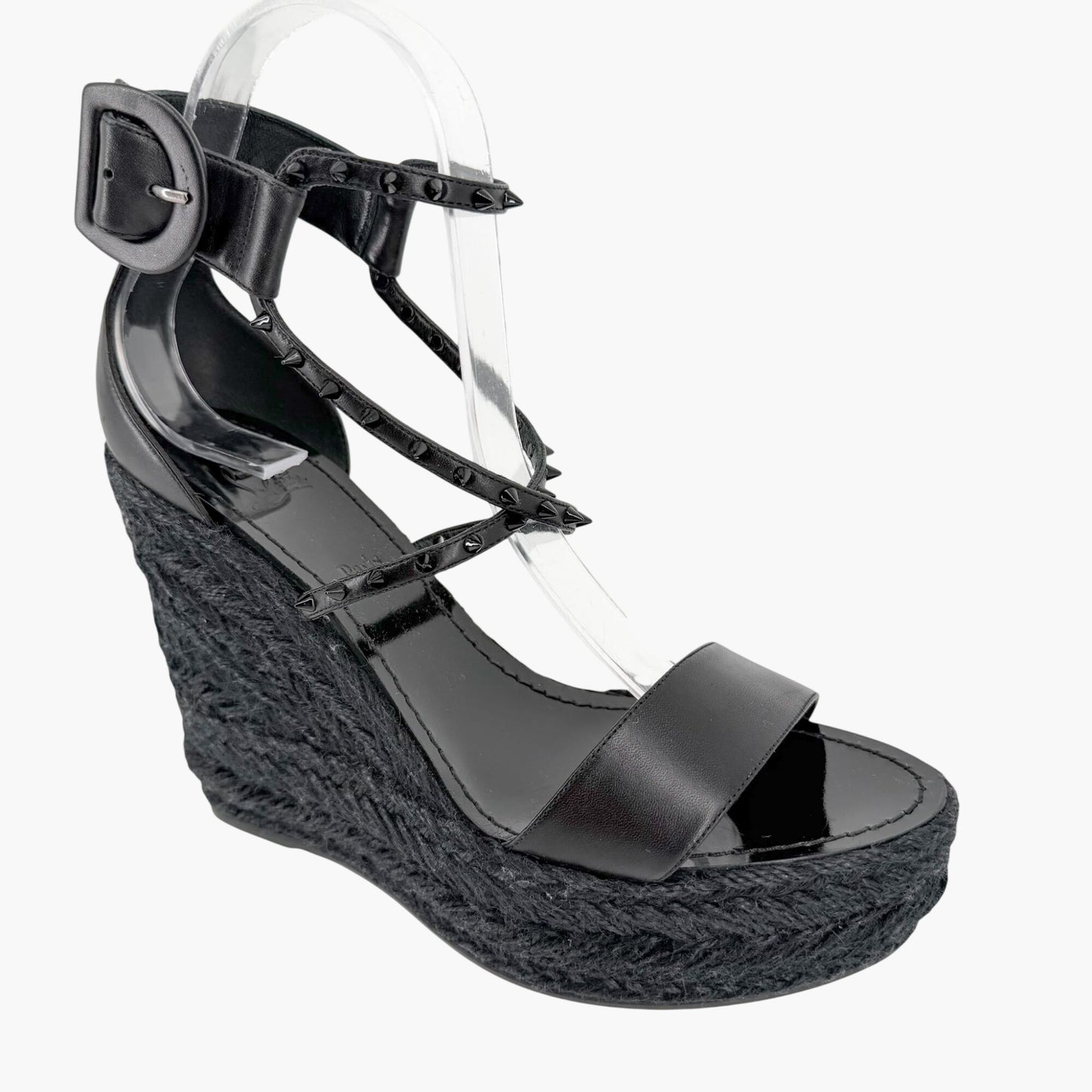 Christian Louboutin Chocazeppa Spike Espadrille Wedge Sandals in Black Leather Size 39