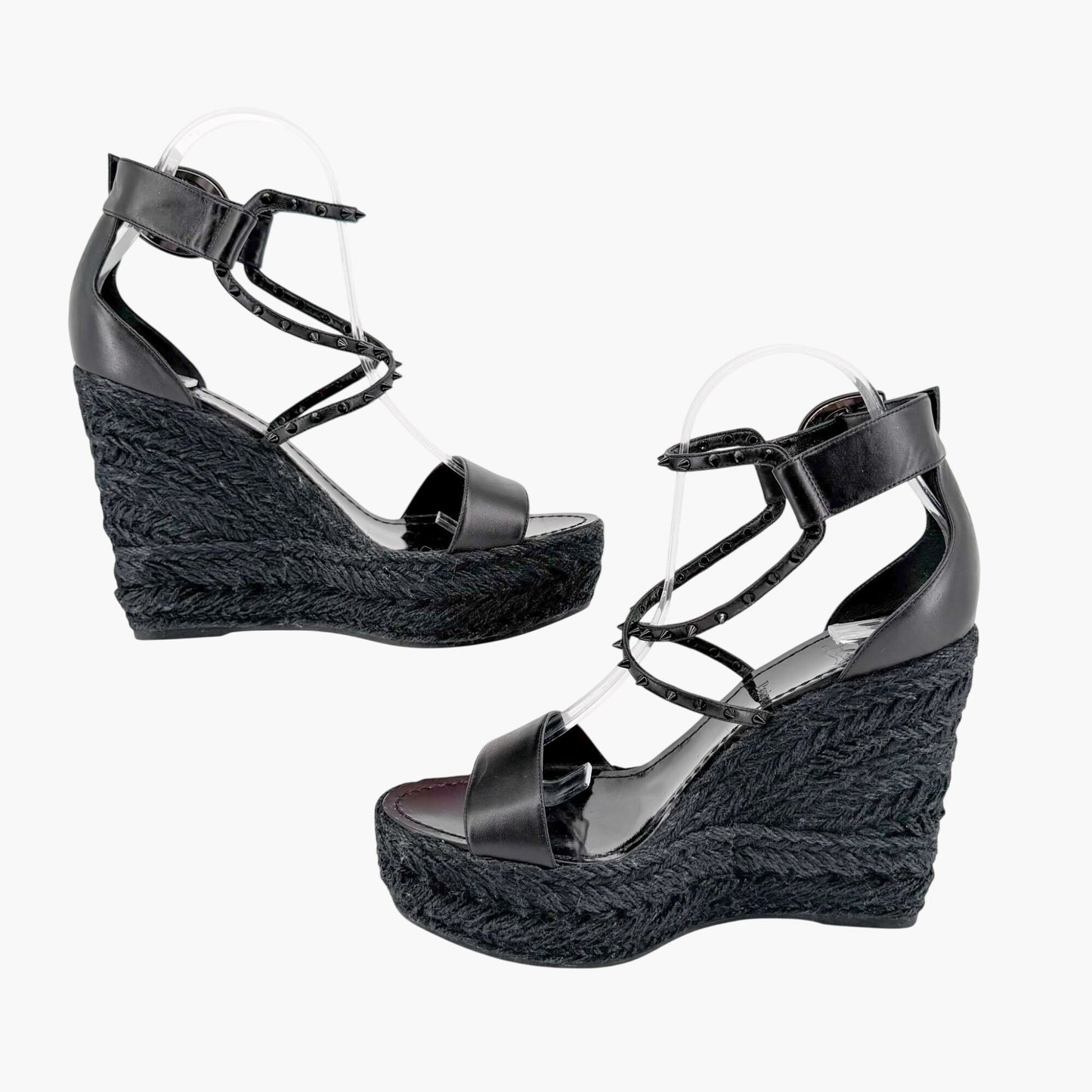 Christian Louboutin Chocazeppa Spike Espadrille Wedge Sandals in Black Leather Size 39