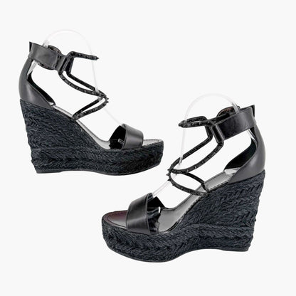 Christian Louboutin Chocazeppa Spike Espadrille Wedge Sandals in Black Leather Size 39