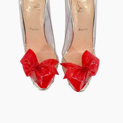 Christian Louboutin Tip Peep Toe Pumps in Clear PVC with Red Bow – Size 41
