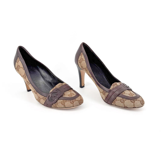 Gucci Interlocking G Loafer Pumps in Beige GG Canvas with Block Heel – Size 7
