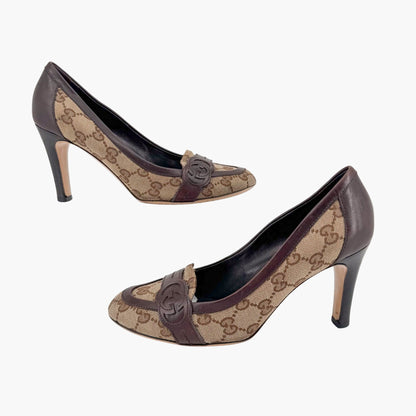 Gucci Interlocking G Loafer Pumps in Beige GG Canvas with Block Heel – Size 7