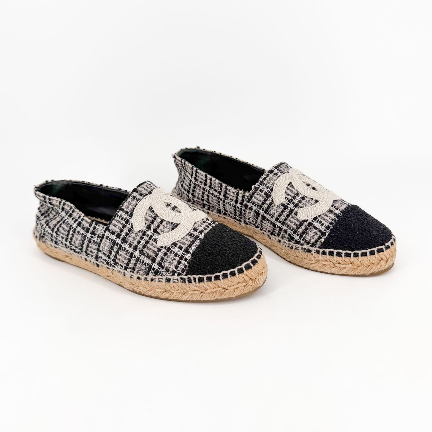 Chanel CC Cap Toe Espadrille Flats Black White Size 40