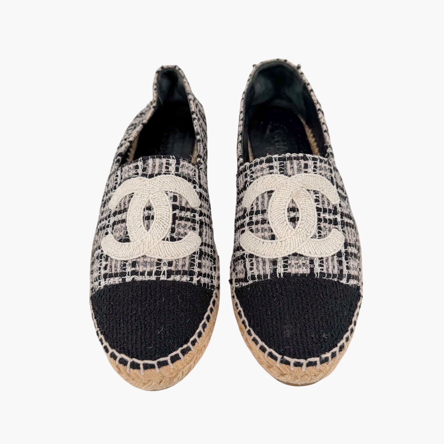 Chanel CC Cap Toe Espadrille Flats Black White Size 40