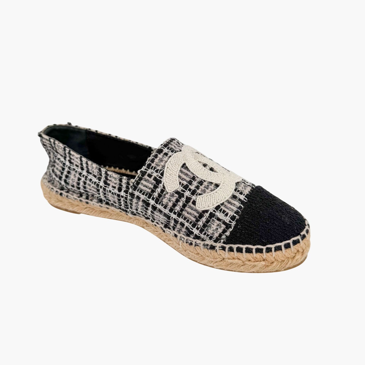 Chanel CC Cap Toe Espadrille Flats Black White Size 40