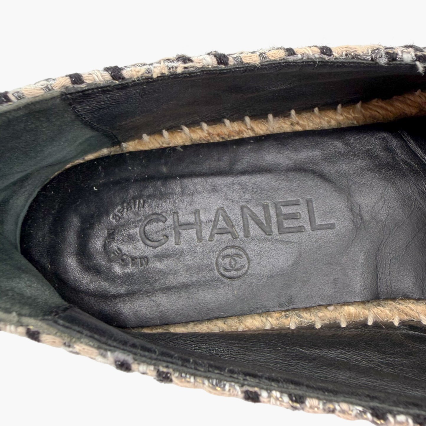 Chanel CC Cap Toe Espadrille Flats Black White Size 40