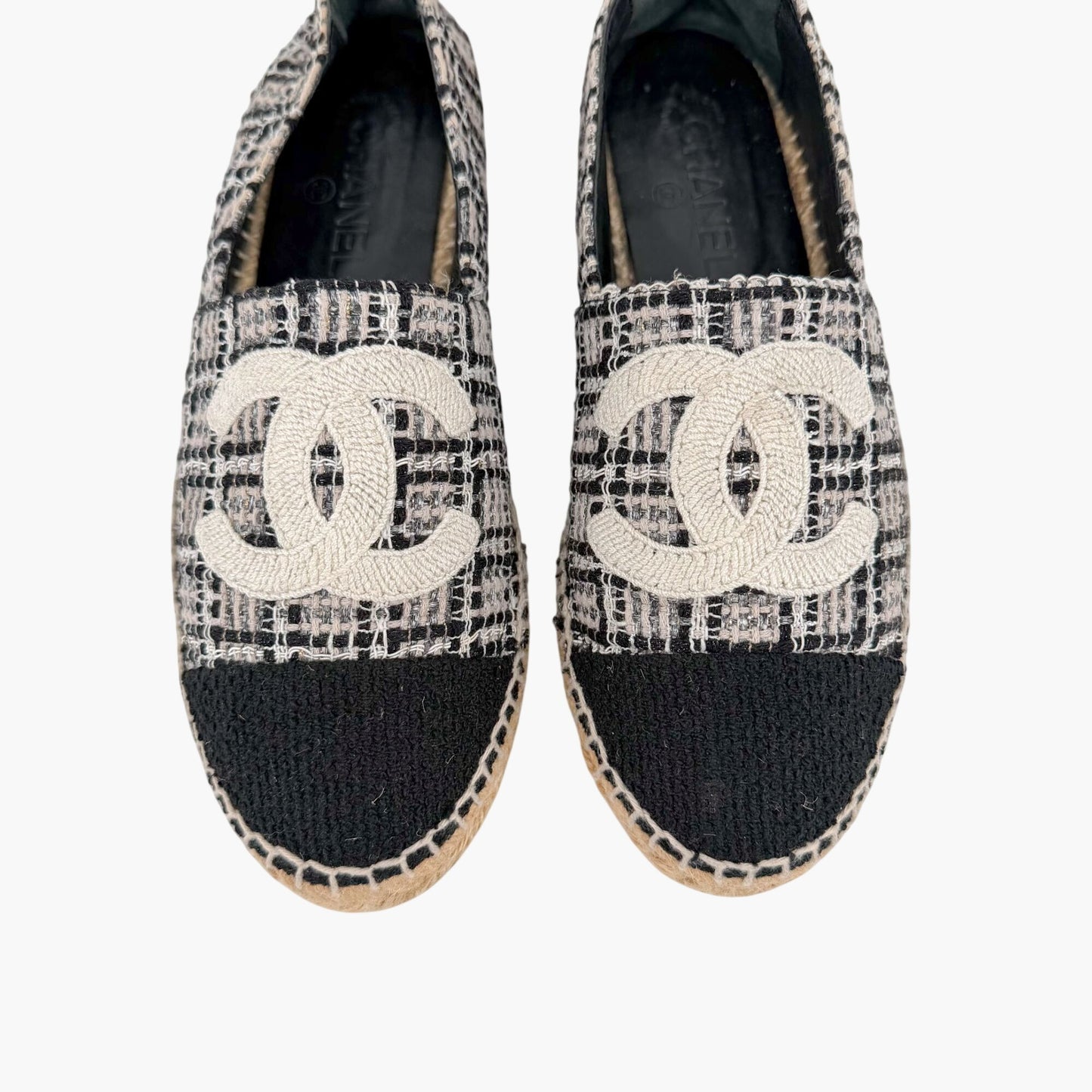 Chanel CC Cap Toe Espadrille Flats Black White Size 40