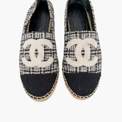 Chanel CC Cap Toe Espadrille Flats Black White Size 40
