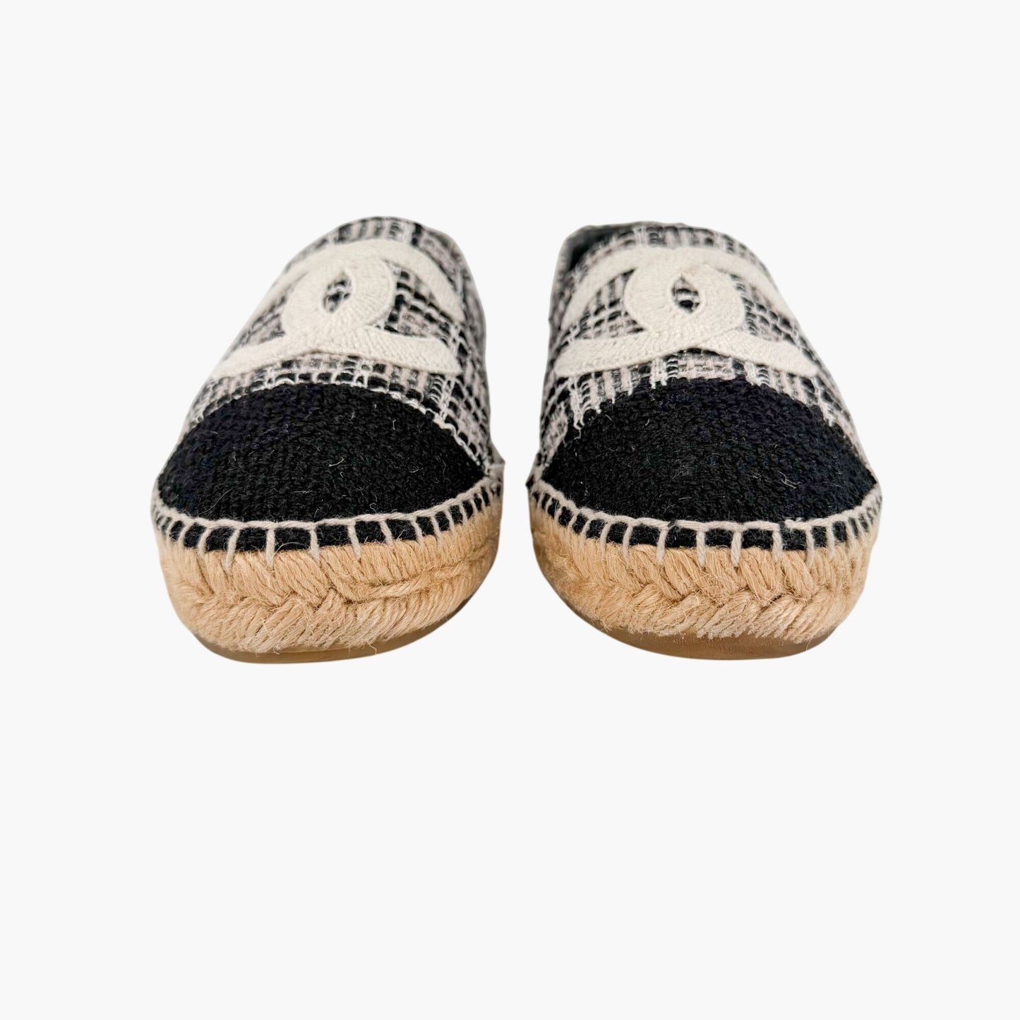 Chanel CC Cap Toe Espadrille Flats Black White Size 40