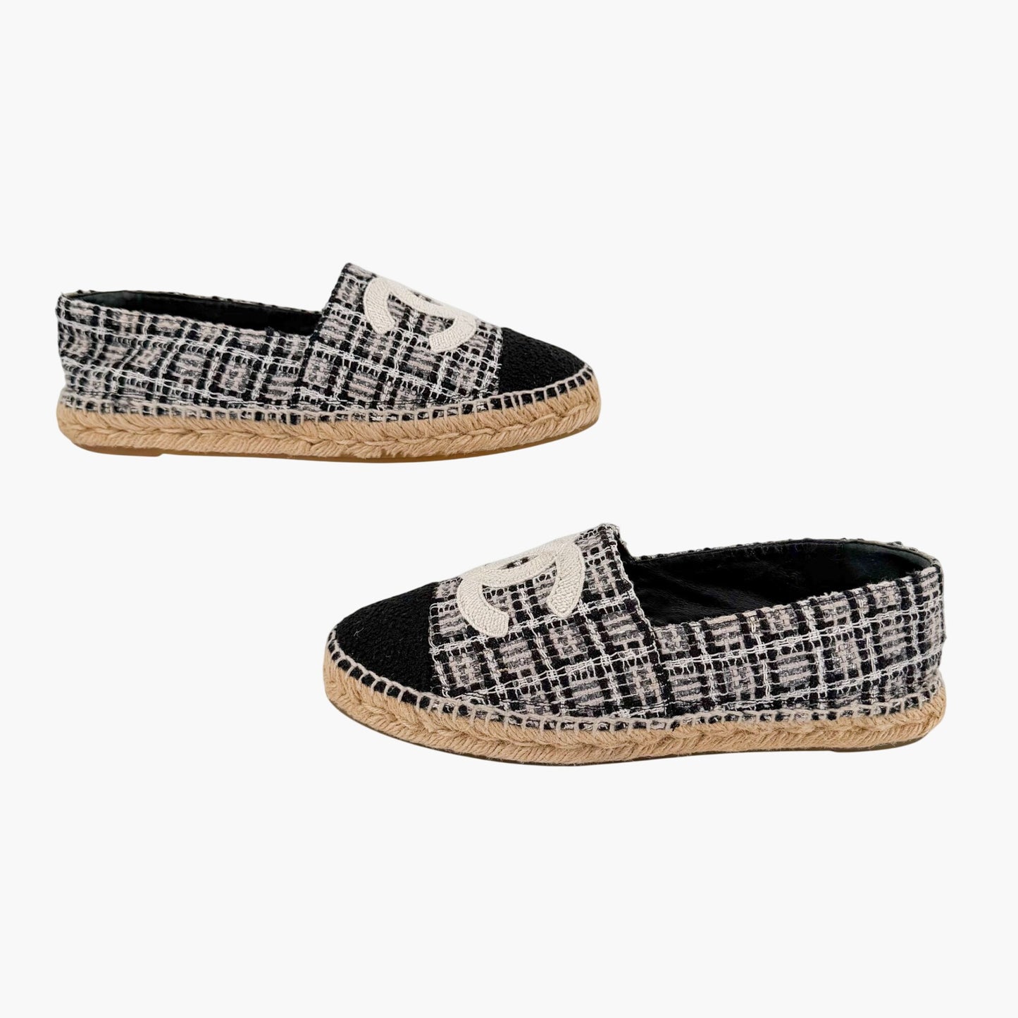 Chanel CC Cap Toe Espadrille Flats Black White Size 40