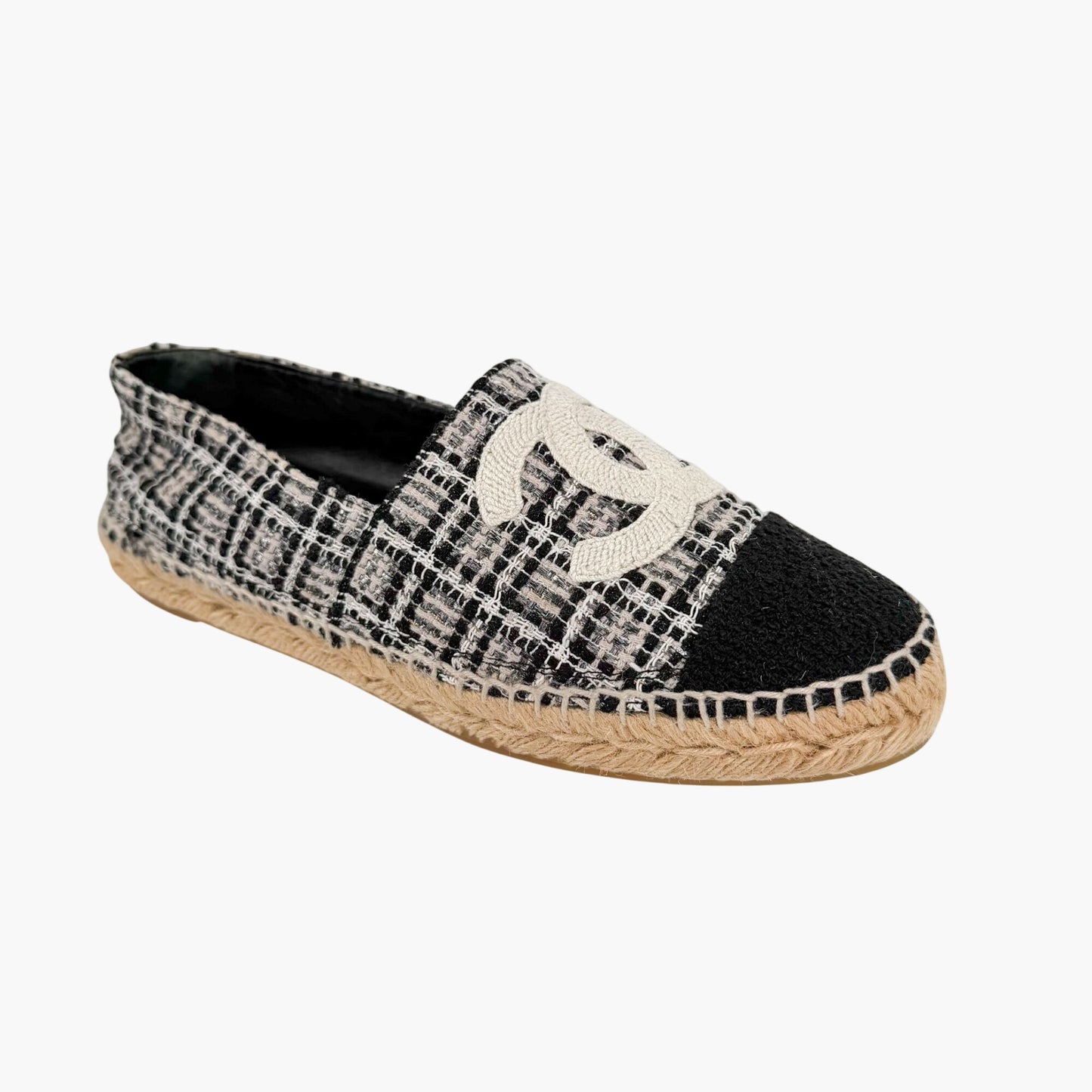 Chanel CC Cap Toe Espadrille Flats Black White Size 40