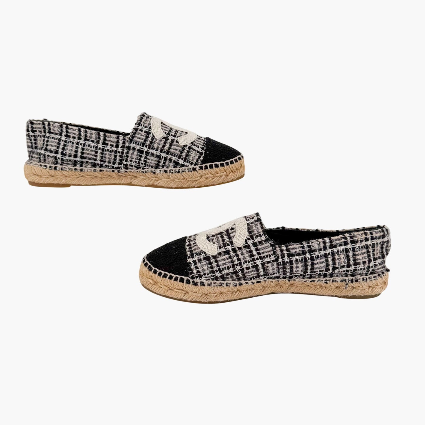 Chanel CC Cap Toe Espadrille Flats Black White Size 40
