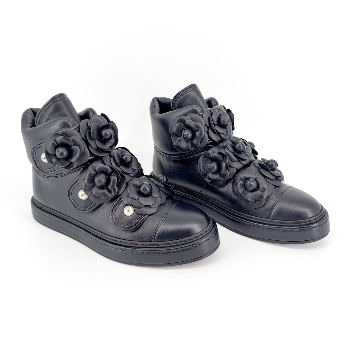 Chanel Camellia Flower High Top Sneaker Boots Navy Size 38