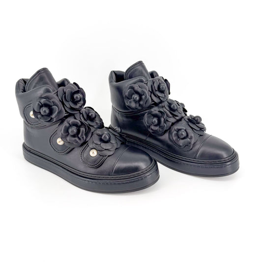 Chanel Camellia Flower High Top Sneaker Boots Navy Size 38