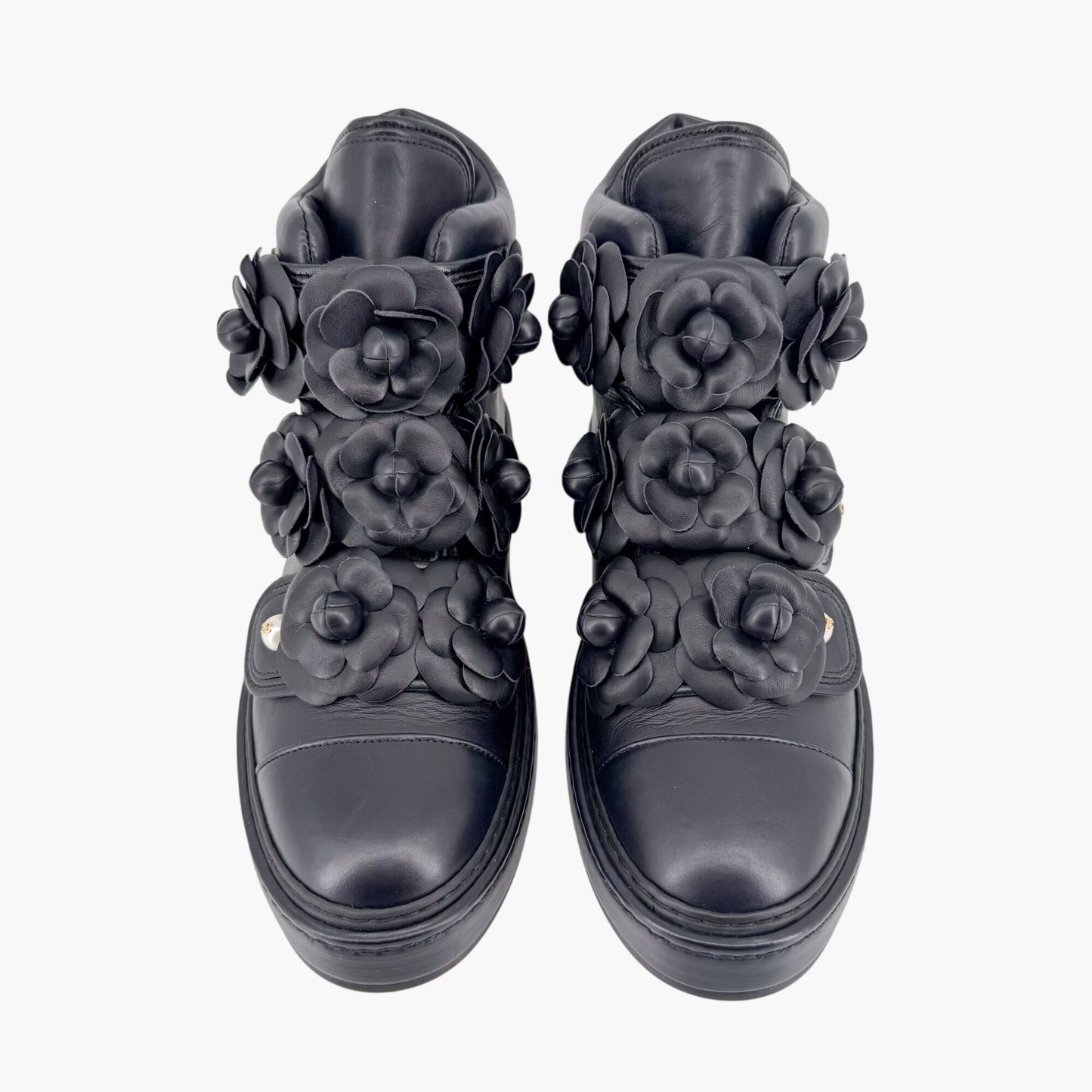 Chanel Camellia Flower High Top Sneaker Boots Navy Size 38