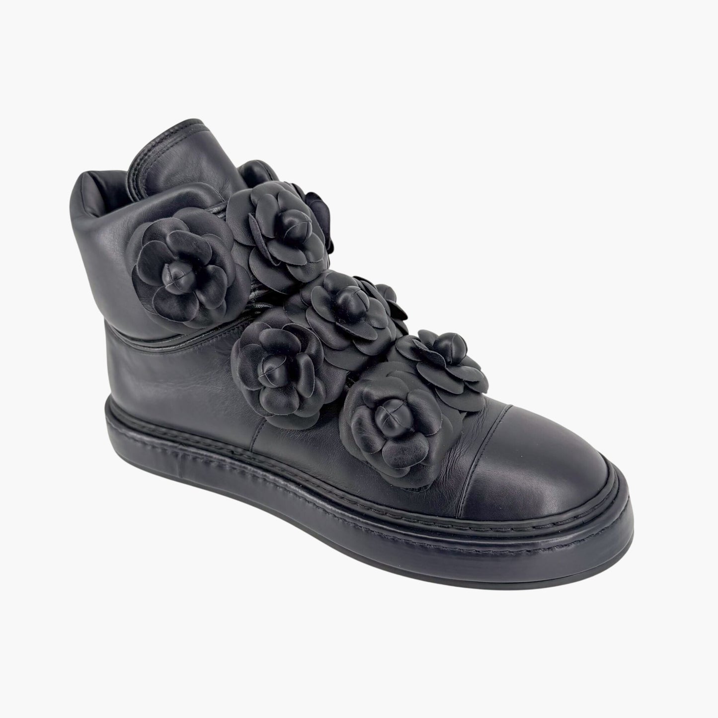 Chanel Camellia Flower High Top Sneaker Boots Navy Size 38