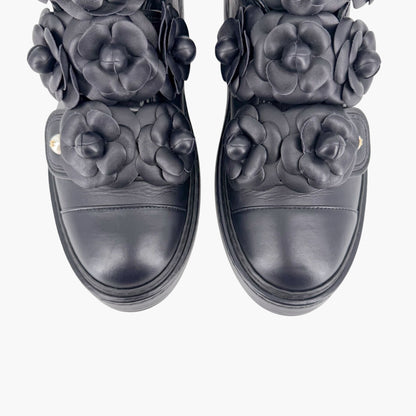 Chanel Camellia Flower High Top Sneaker Boots Navy Size 38