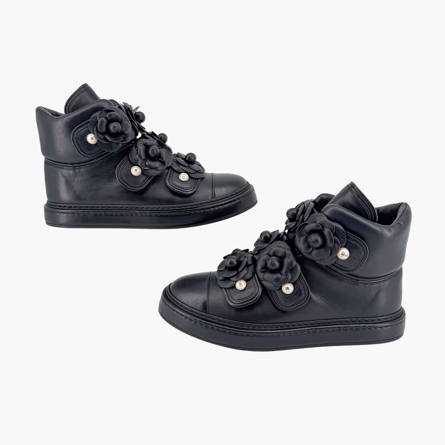 Chanel Camellia Flower High Top Sneaker Boots Navy Size 38
