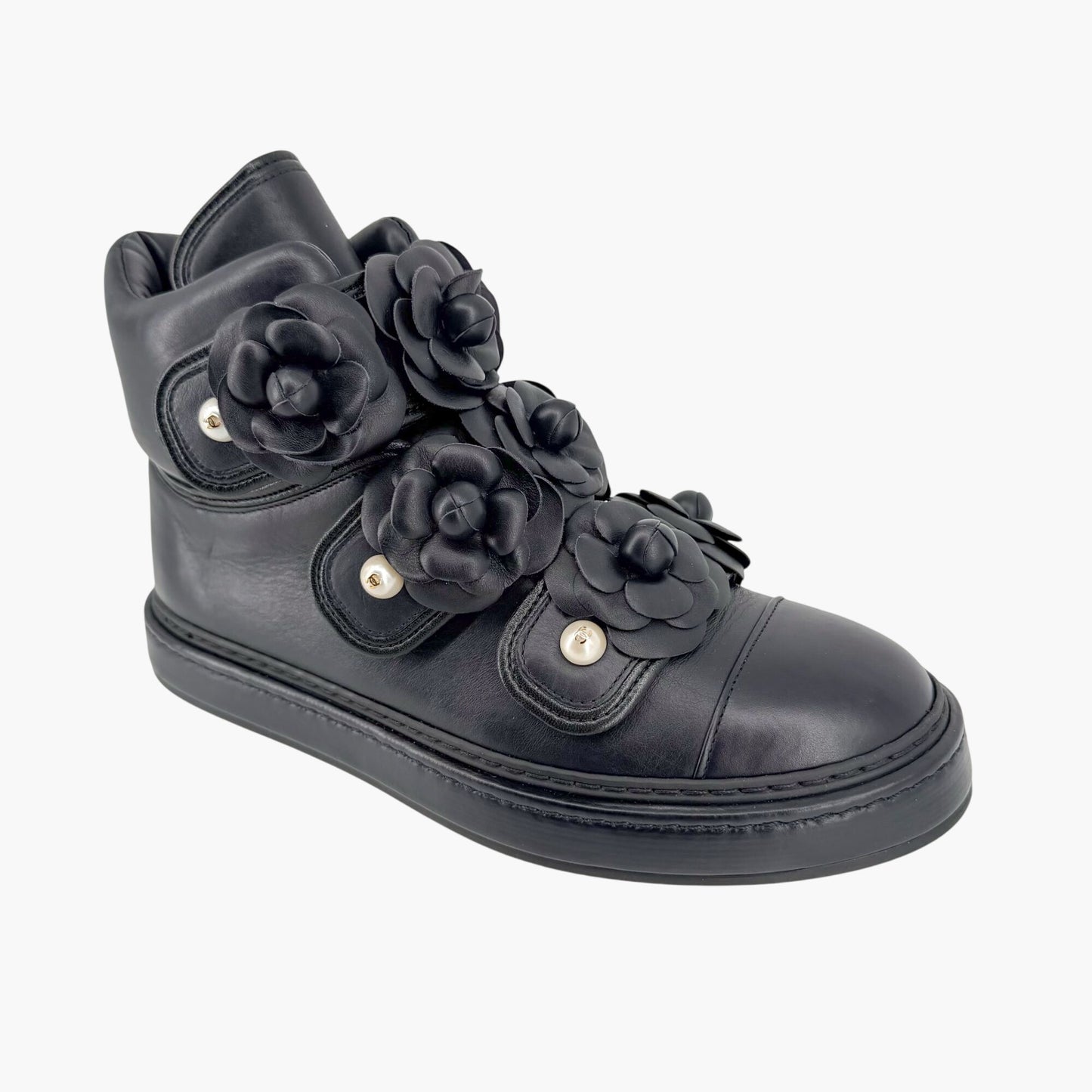 Chanel Camellia Flower High Top Sneaker Boots Navy Size 38