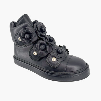 Chanel Camellia Flower High Top Sneaker Boots Navy Size 38