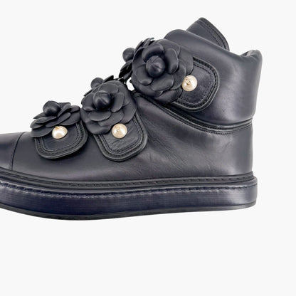Chanel Camellia Flower High Top Sneaker Boots Navy Size 38