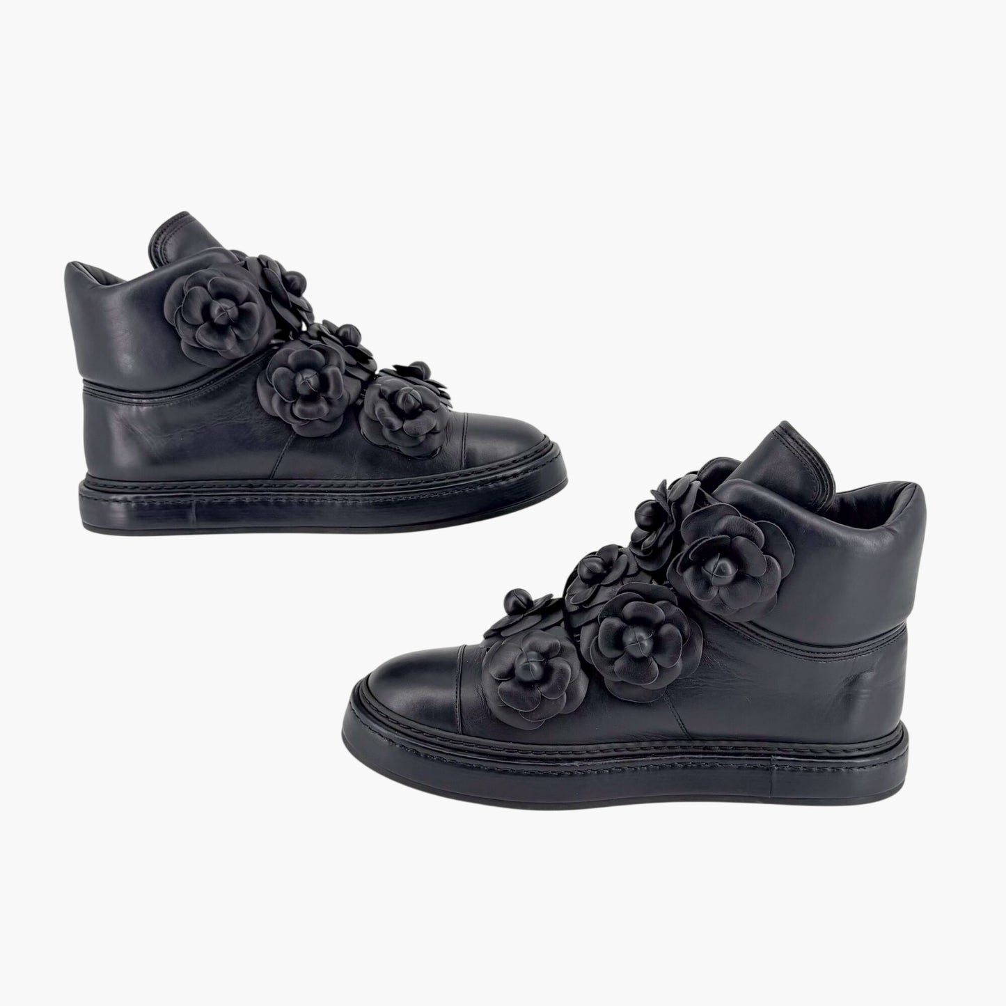 Chanel Camellia Flower High Top Sneaker Boots Navy Size 38