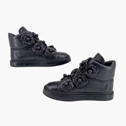 Chanel Camellia Flower High Top Sneaker Boots Navy Size 38