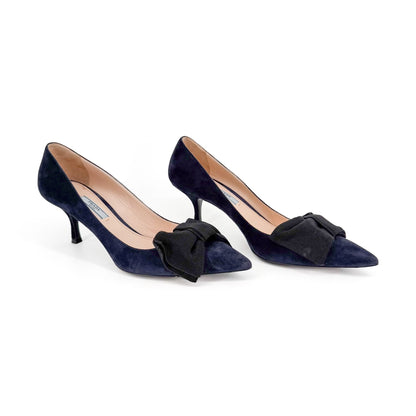 Prada Pointed Toe Bow Pumps Navy Suede Size 39.5