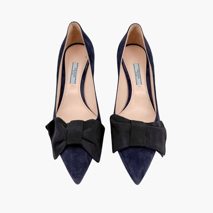 Prada Pointed Toe Bow Pumps Navy Suede Size 39.5