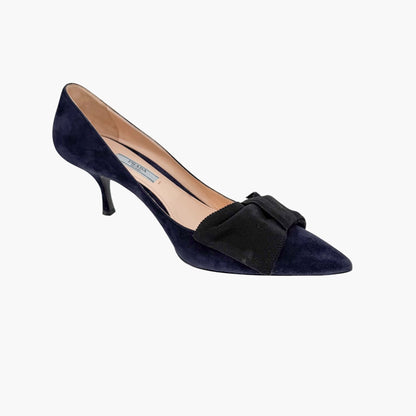 Prada Pointed Toe Bow Pumps Navy Suede Size 39.5