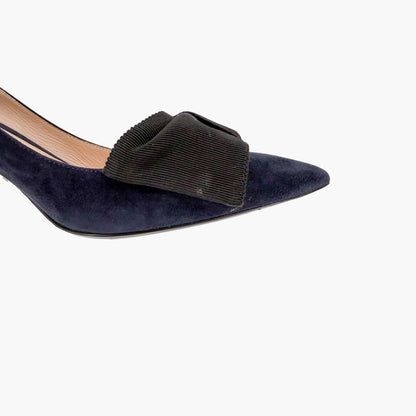 Prada Pointed Toe Bow Pumps Navy Suede Size 39.5