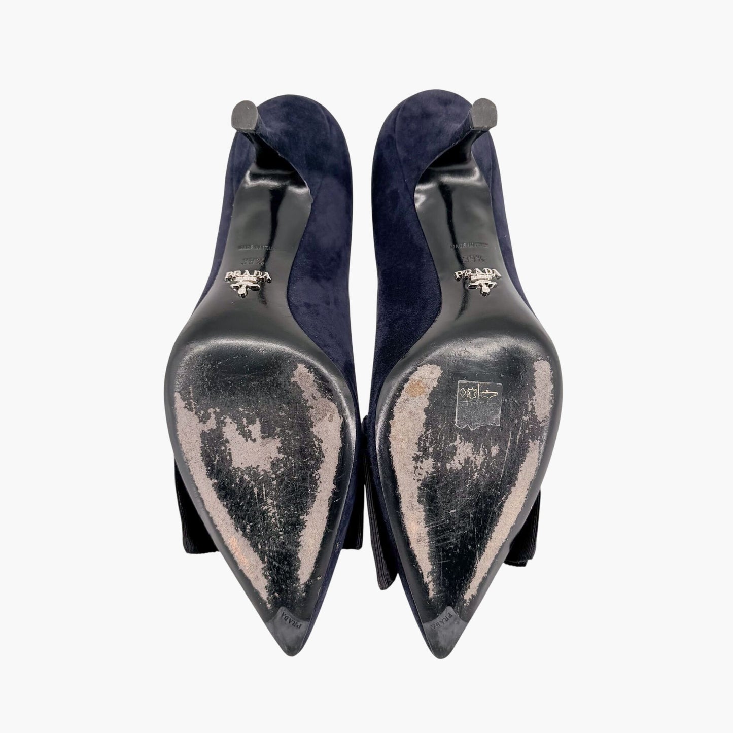 Prada Pointed Toe Bow Pumps Navy Suede Size 39.5