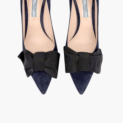 Prada Pointed Toe Bow Pumps Navy Suede Size 39.5