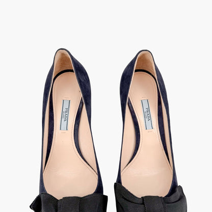 Prada Pointed Toe Bow Pumps Navy Suede Size 39.5