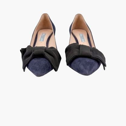 Prada Pointed Toe Bow Pumps Navy Suede Size 39.5