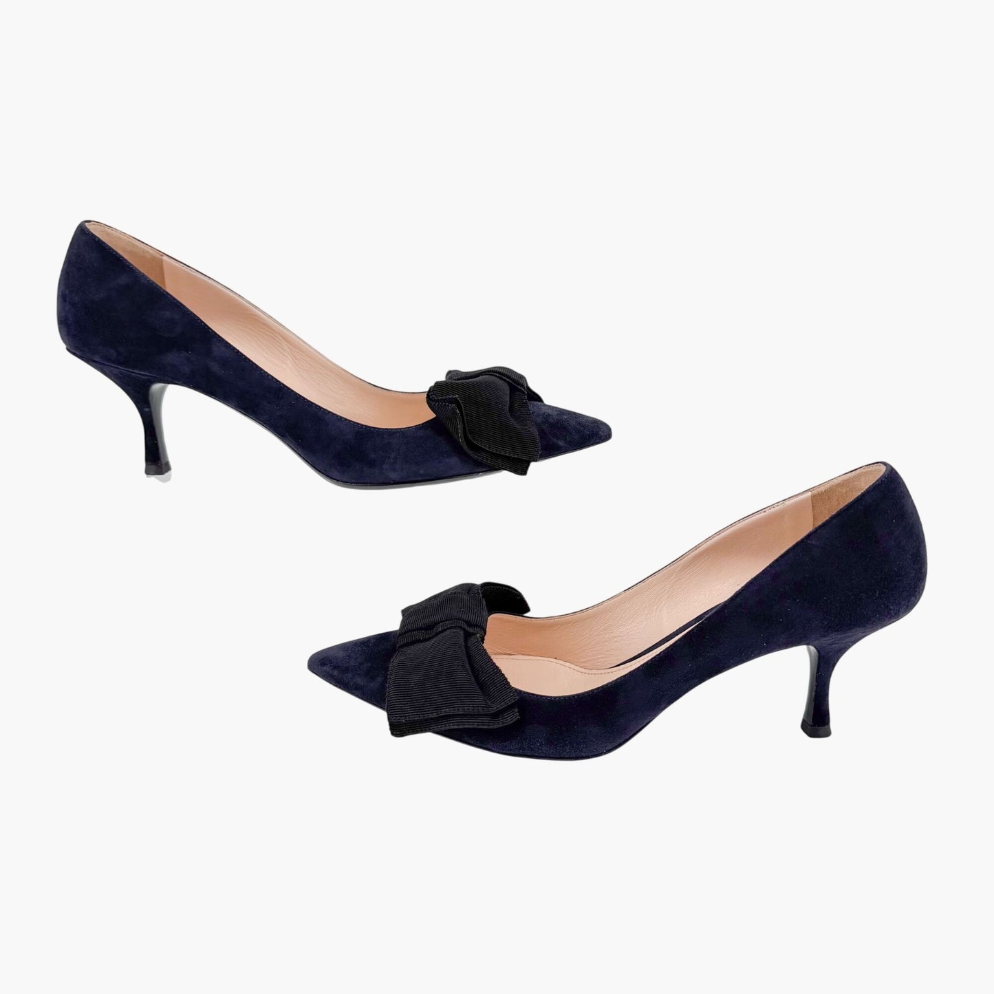 Prada Pointed Toe Bow Pumps Navy Suede Size 39.5