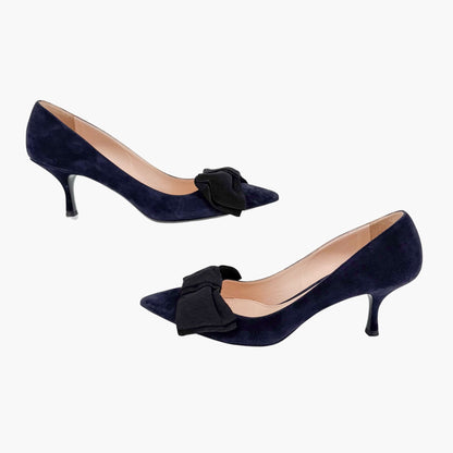 Prada Pointed Toe Bow Pumps Navy Suede Size 39.5