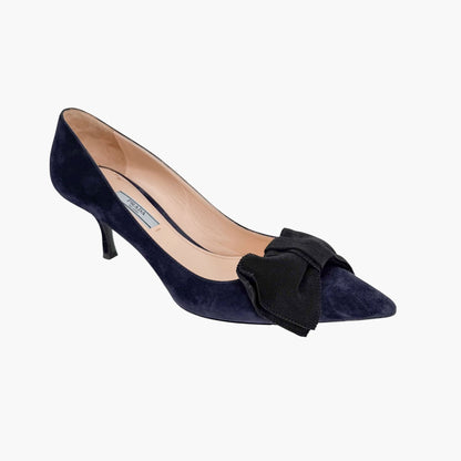 Prada Pointed Toe Bow Pumps Navy Suede Size 39.5