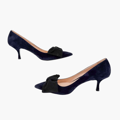 Prada Pointed Toe Bow Pumps Navy Suede Size 39.5