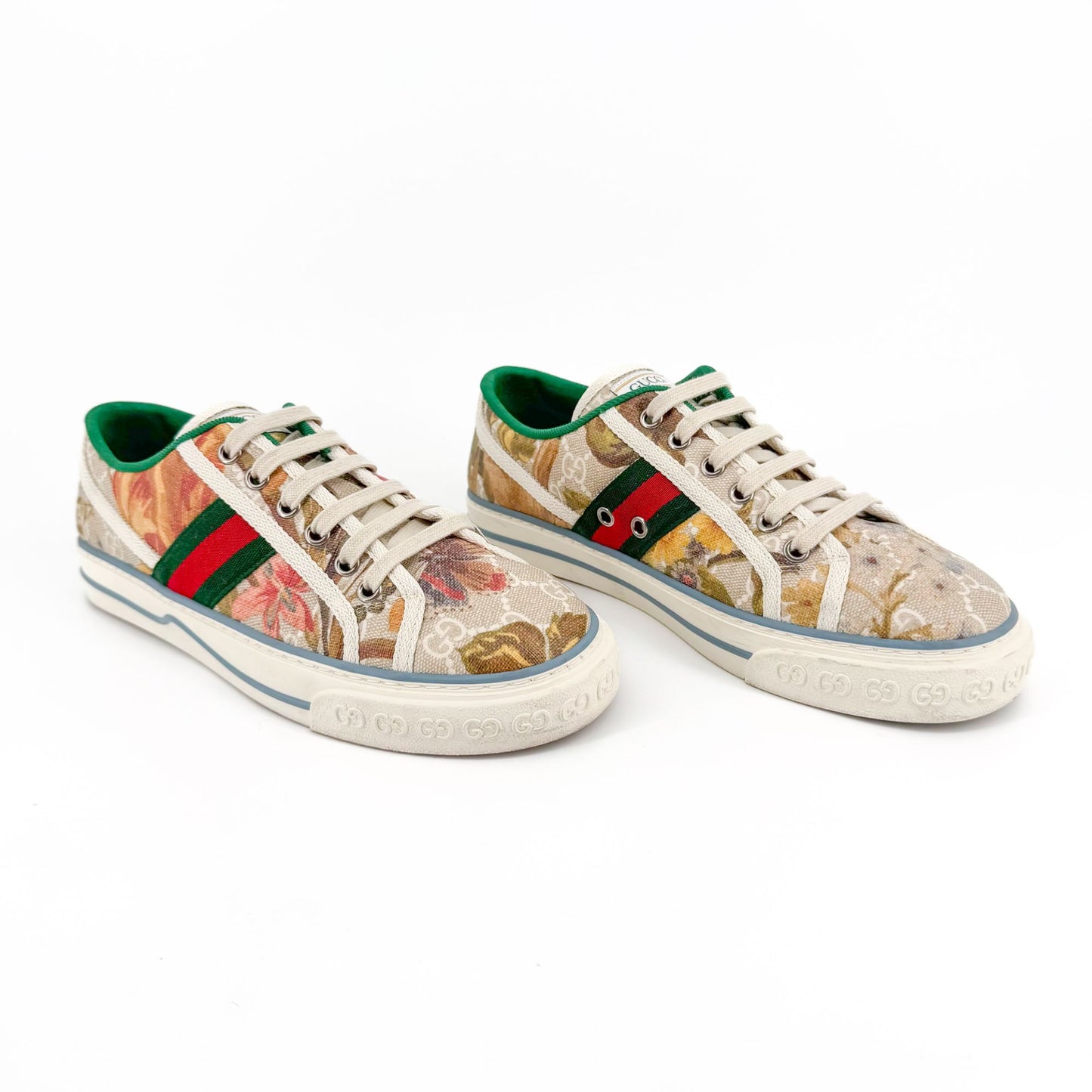 Gucci Tennis 1977 Low Top Sneakers in Beige GG Supreme Water Flora Canvas Size 38.5