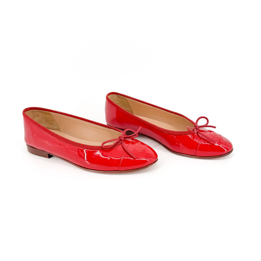 Chanel CC Cap Toe Ballet Flats Red Patent Size 37
