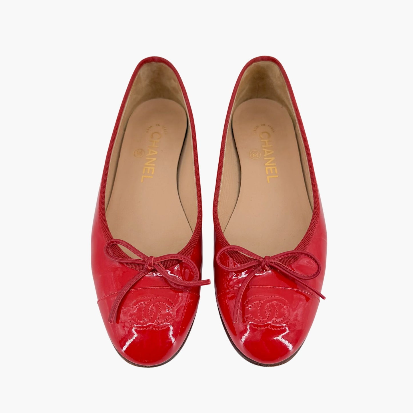 Chanel CC Cap Toe Ballet Flats Red Patent Size 37