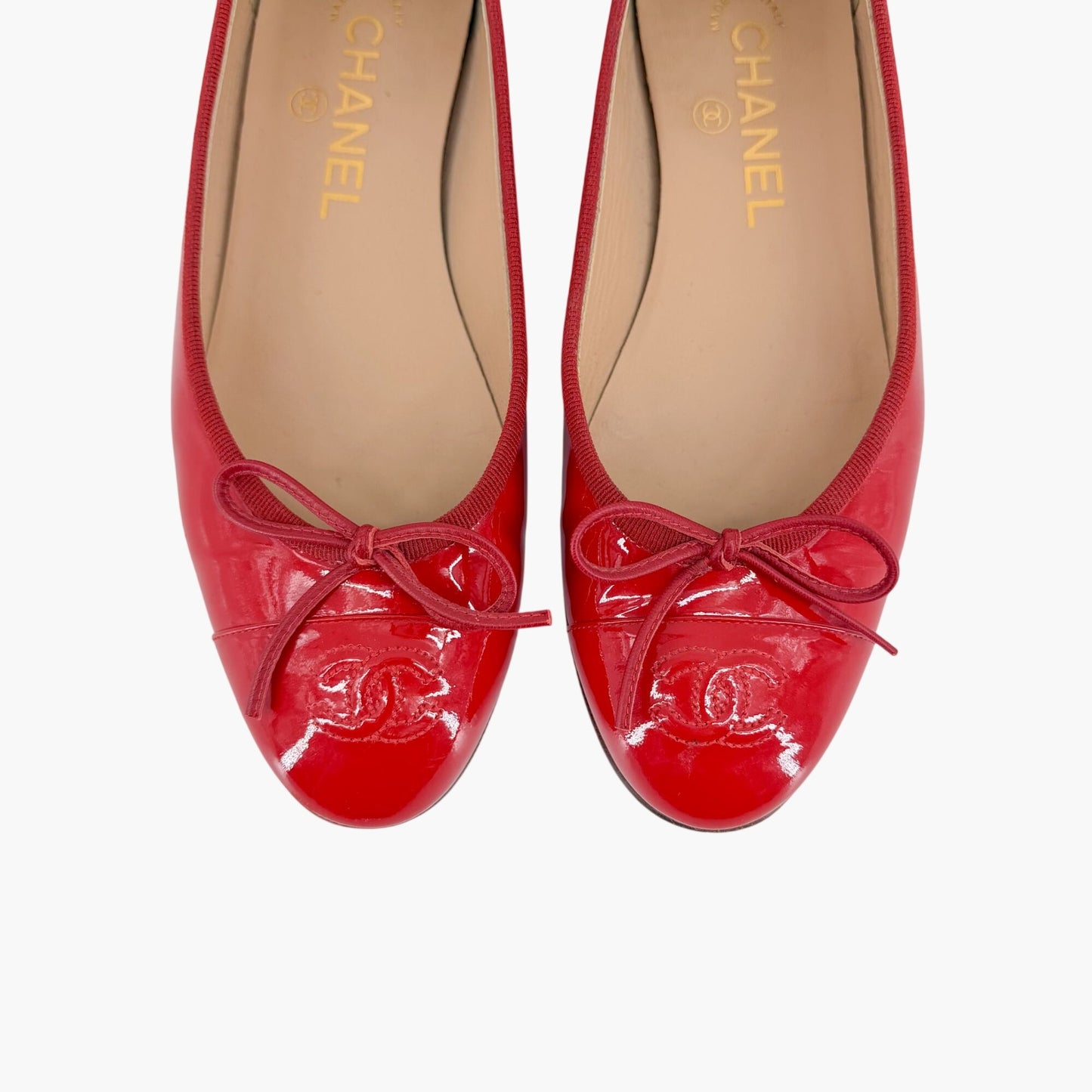 Chanel CC Cap Toe Ballet Flats Red Patent Size 37