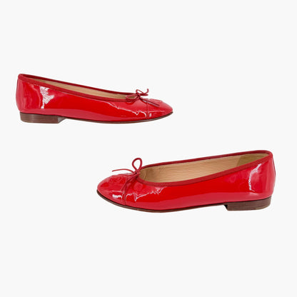 Chanel CC Cap Toe Ballet Flats Red Patent Size 37