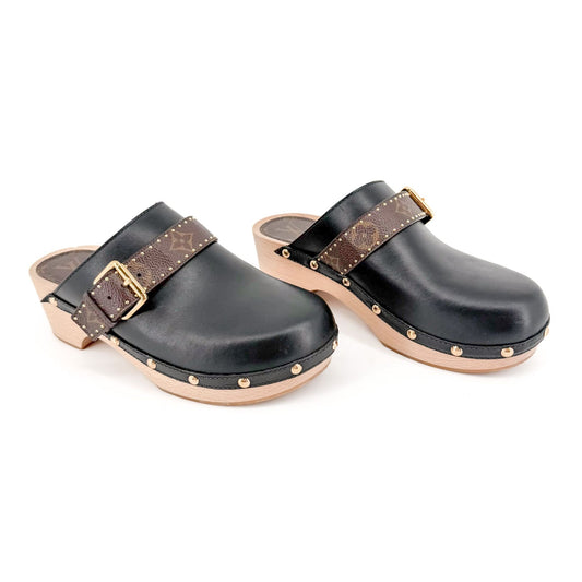 Louis Vuitton Cottage Monogram Mule Clogs in Black Leather Size 39